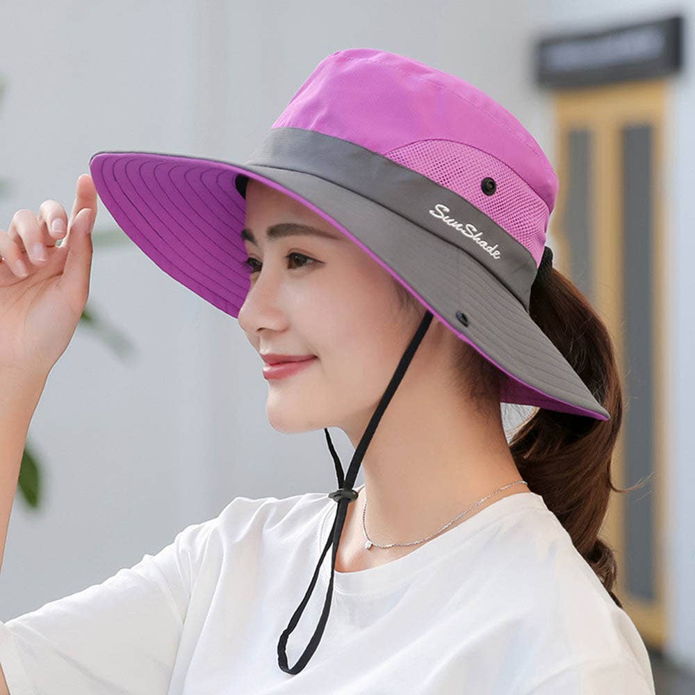 UV Protection Hat Foldable Wide Brim Ponytail Sun Hat