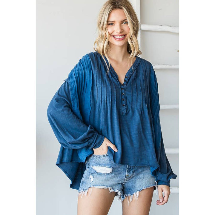 HENLEY V NECK PINTUCKED FRONT LONG SLEEVE BLOUSE