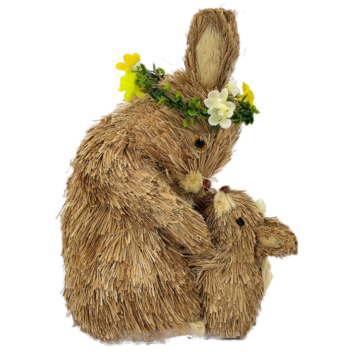 Straw Easter Bunny Mom & Baby  Figurine