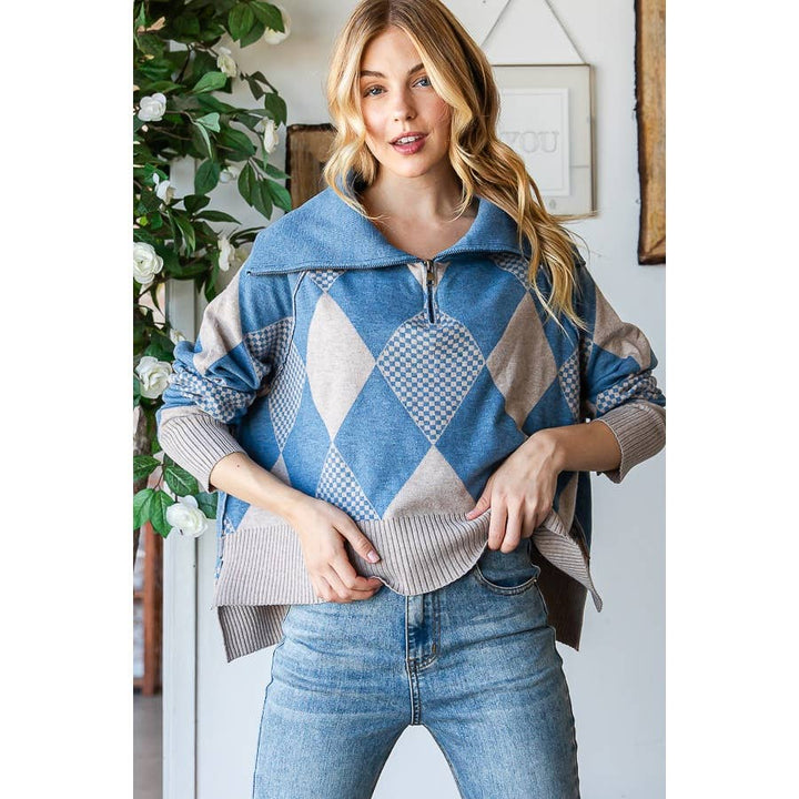 TWO TONE ARGYLE HALF ZIP UP PULLOVER SWEATER TOP