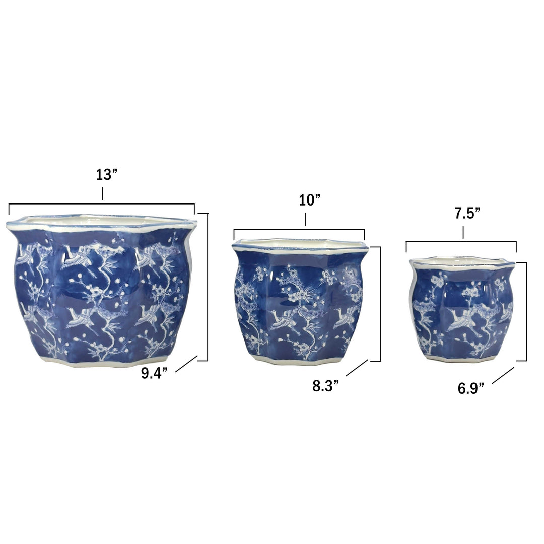 Set of 3 - 7.5"/10"/13" Ceramic Chinoiserie Planter Pot Set