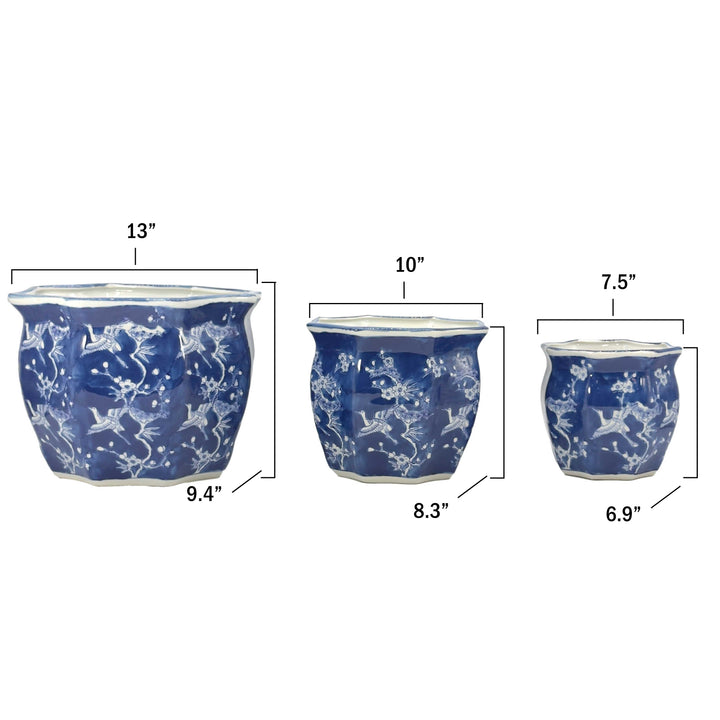 Set of 3 - 7.5"/10"/13" Ceramic Chinoiserie Planter Pot Set
