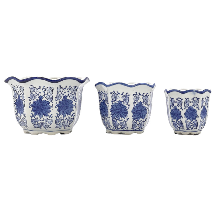 Set of 3 Blue & White Floral Ceramic Pots Ruffled Lip Style3