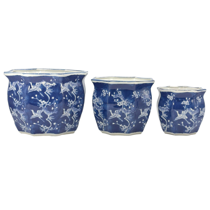 Set of 3 - 7.5"/10"/13" Ceramic Chinoiserie Planter Pot Set