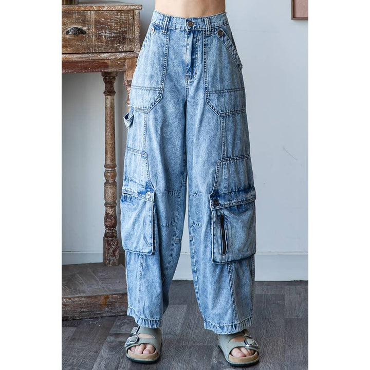 WASHED 3D POCKETS WIDE LEG CARGO DENIM PANTS