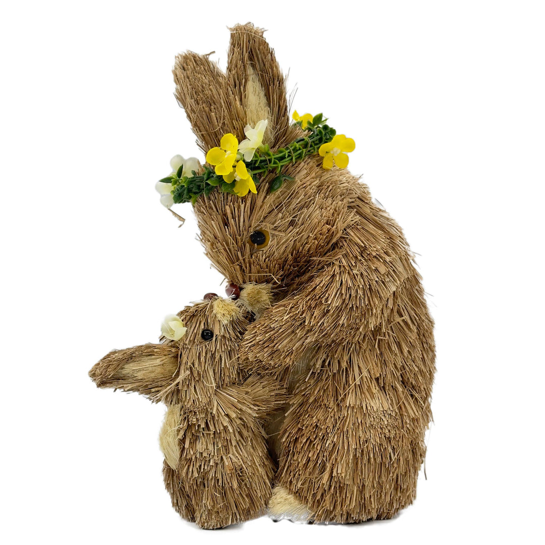 Straw Easter Bunny Mom & Baby  Figurine