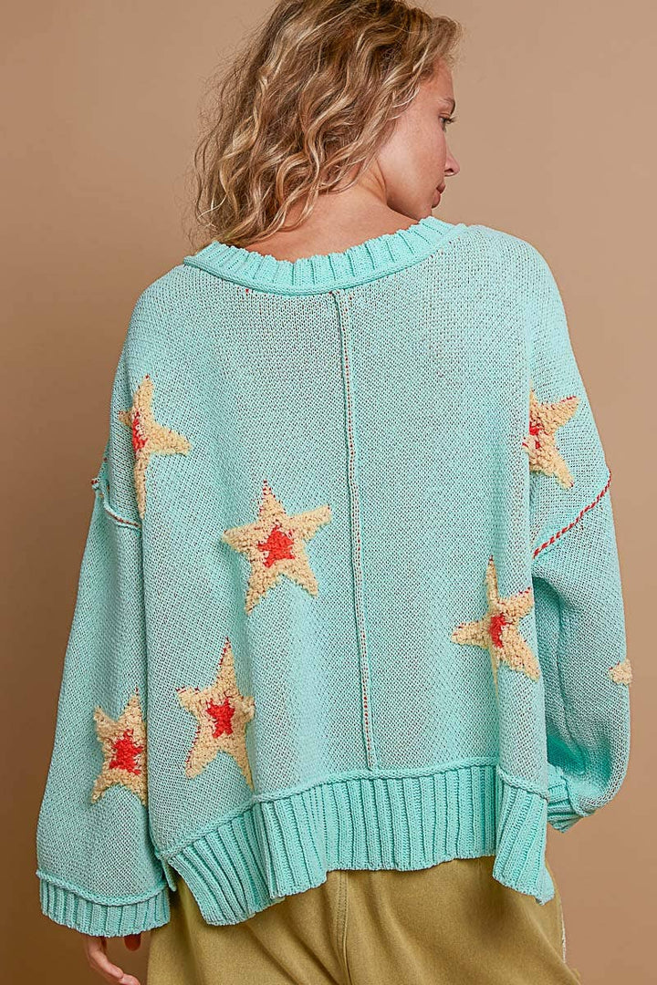 V neck long sleeve star patch sweater