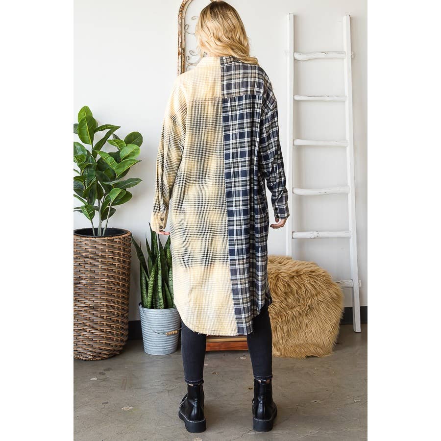 BLEACHED PLAID MIXED LONG SHIRT