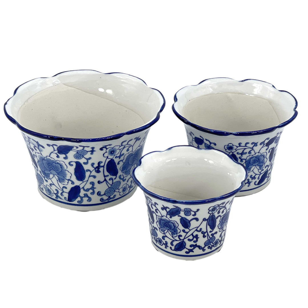 Set of 3 Blue & White Floral Ceramic Pots Ruffled Lip Style2