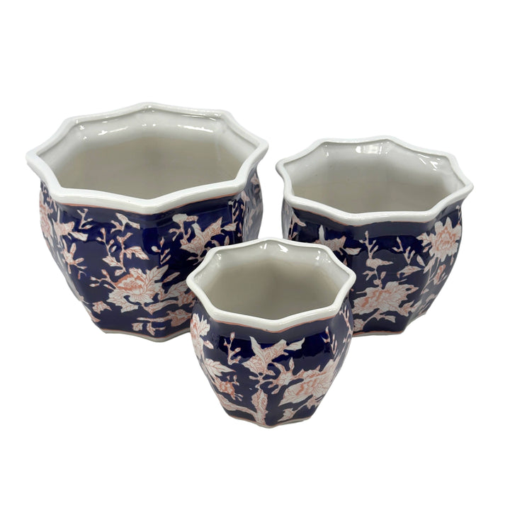 Set of 3 - 7.5"/10"/13" Ceramic Chinoiserie Planter Pot Set