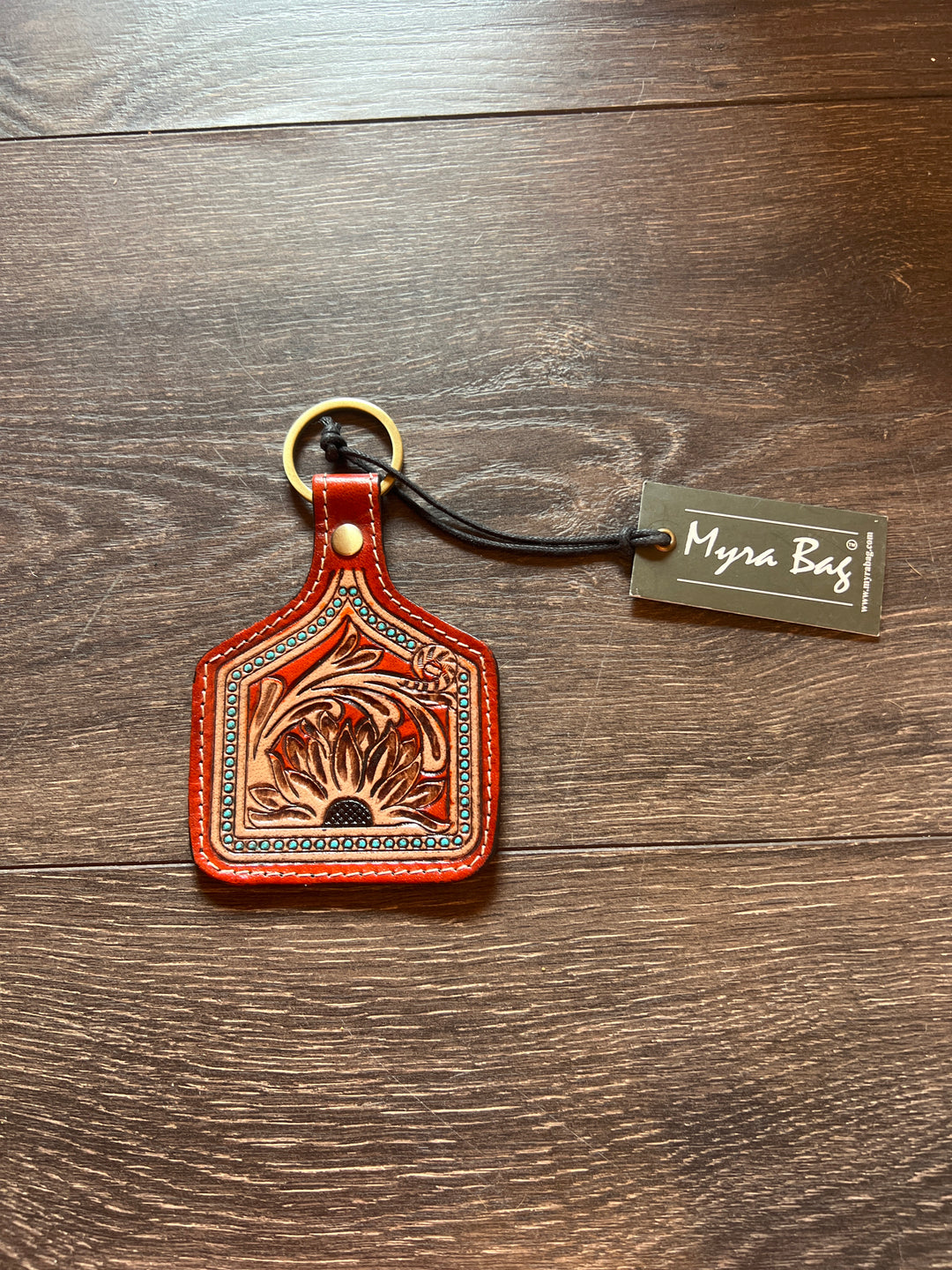 Myra Gilded sunflower hand-tooled key fob
