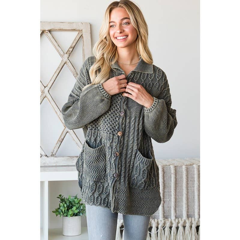 MINERAL WASHED COLLARED BUTTON SWEATER CARDIGAN