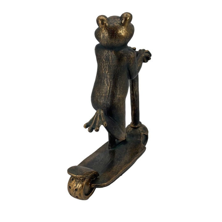 16" Scooter Frog Copper-Look Resin Garden Statue