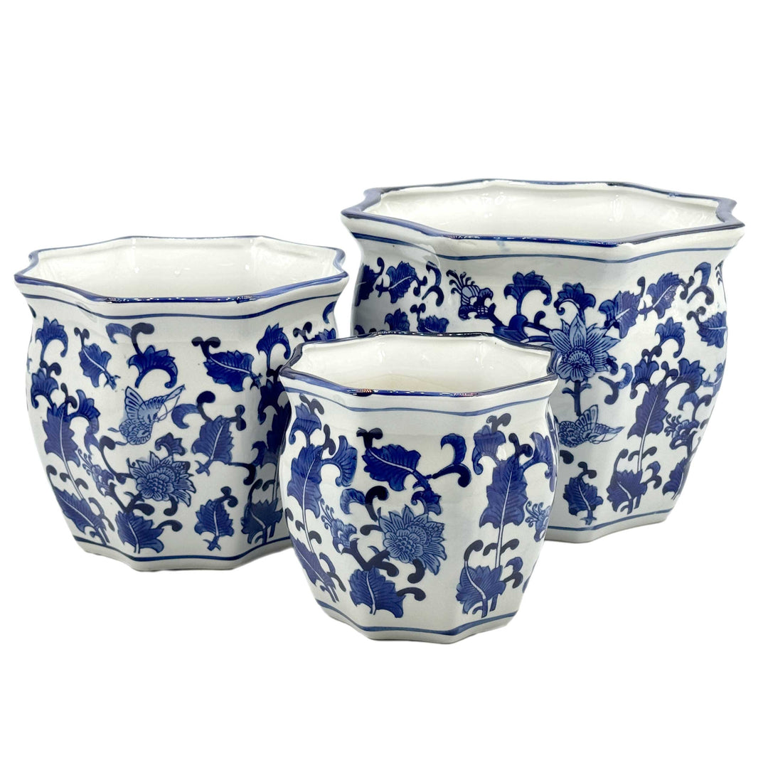 Set of 3 - 7.5"/10"/13" Ceramic Chinoiserie Planter Pot Set