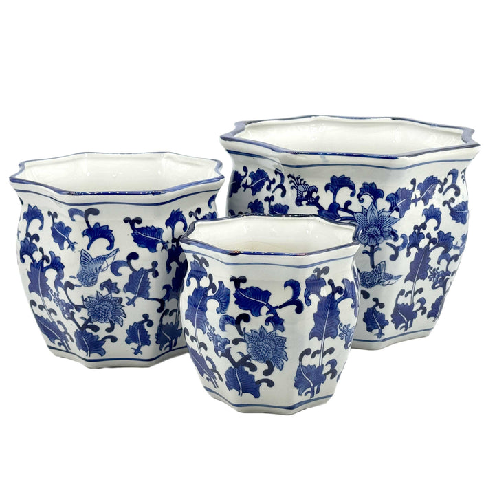 Set of 3 - 7.5"/10"/13" Ceramic Chinoiserie Planter Pot Set