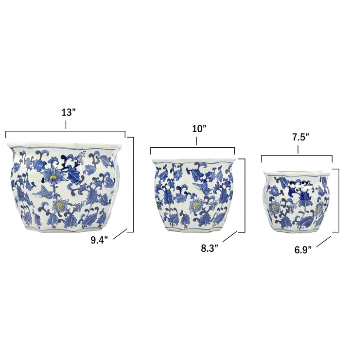 Set of 3 - 7.5"/10"/13" Ceramic Chinoiserie Planter Pot Set