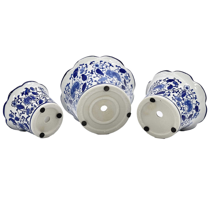 Set of 3 Blue & White Floral Ceramic Pots Ruffled Lip Style2
