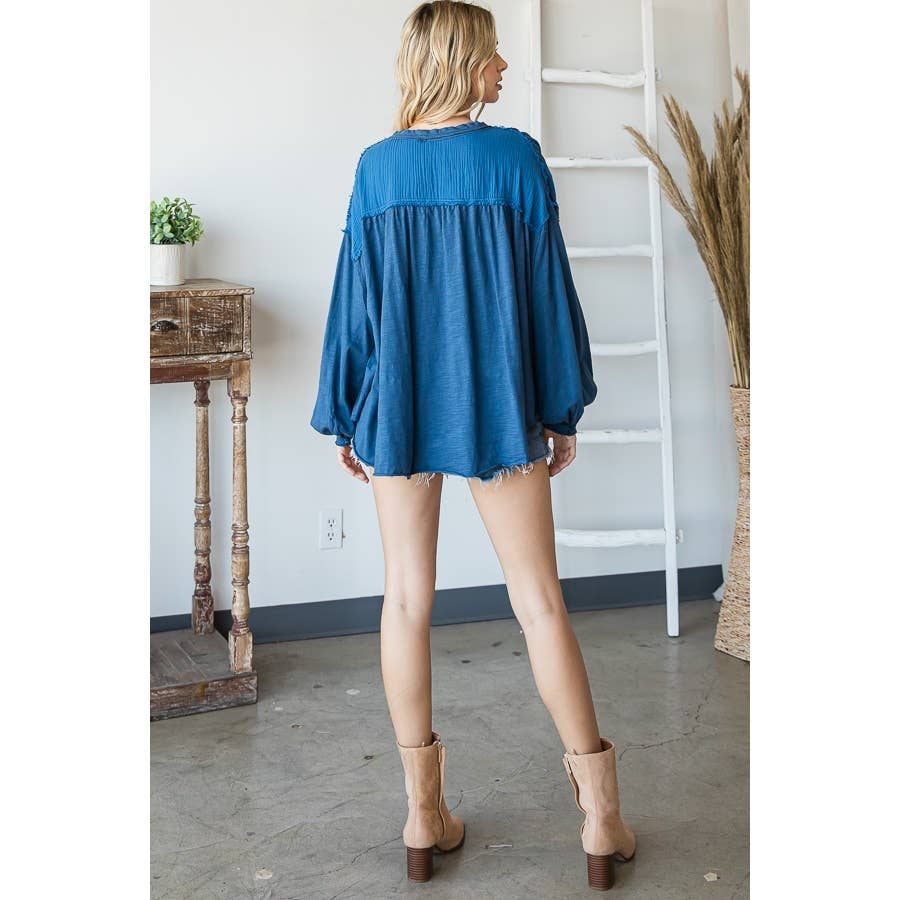 HENLEY V NECK PINTUCKED FRONT LONG SLEEVE BLOUSE