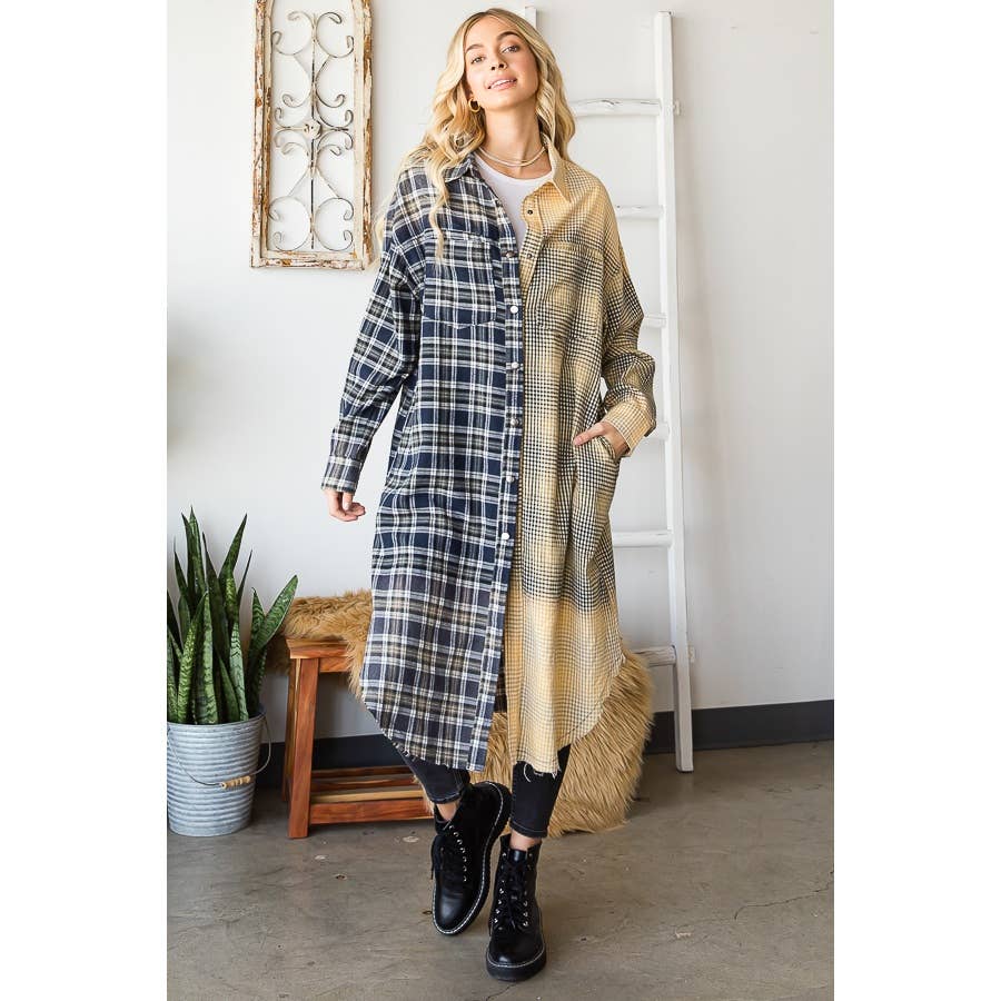 BLEACHED PLAID MIXED LONG SHIRT