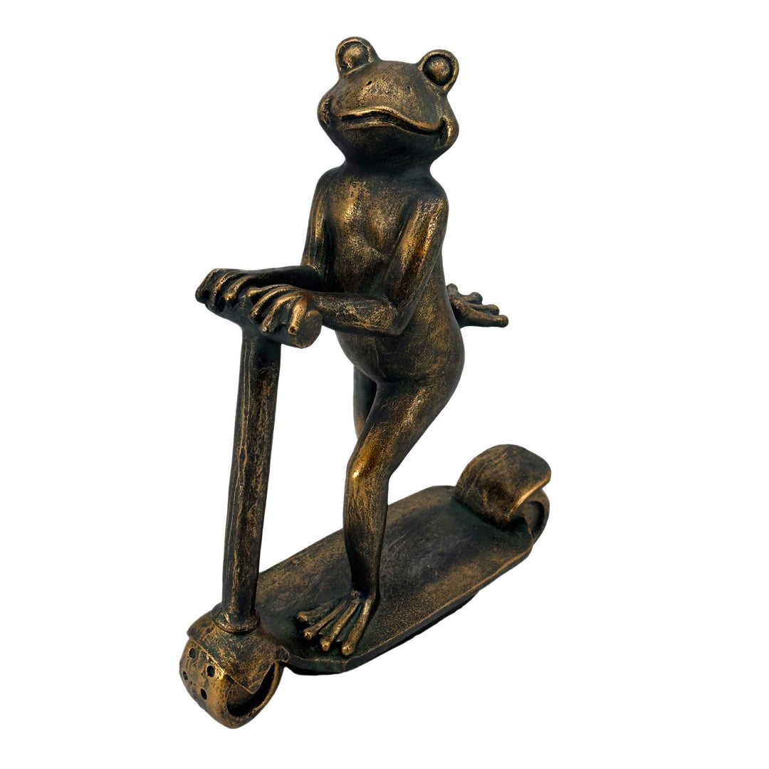 16" Scooter Frog Copper-Look Resin Garden Statue