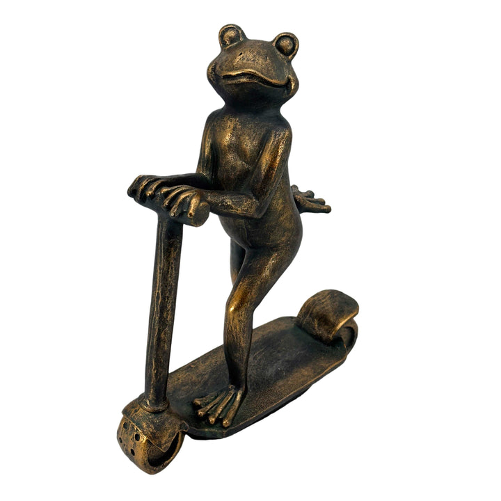 16" Scooter Frog Copper-Look Resin Garden Statue