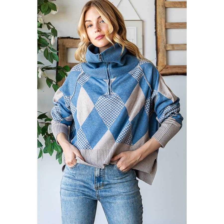 TWO TONE ARGYLE HALF ZIP UP PULLOVER SWEATER TOP