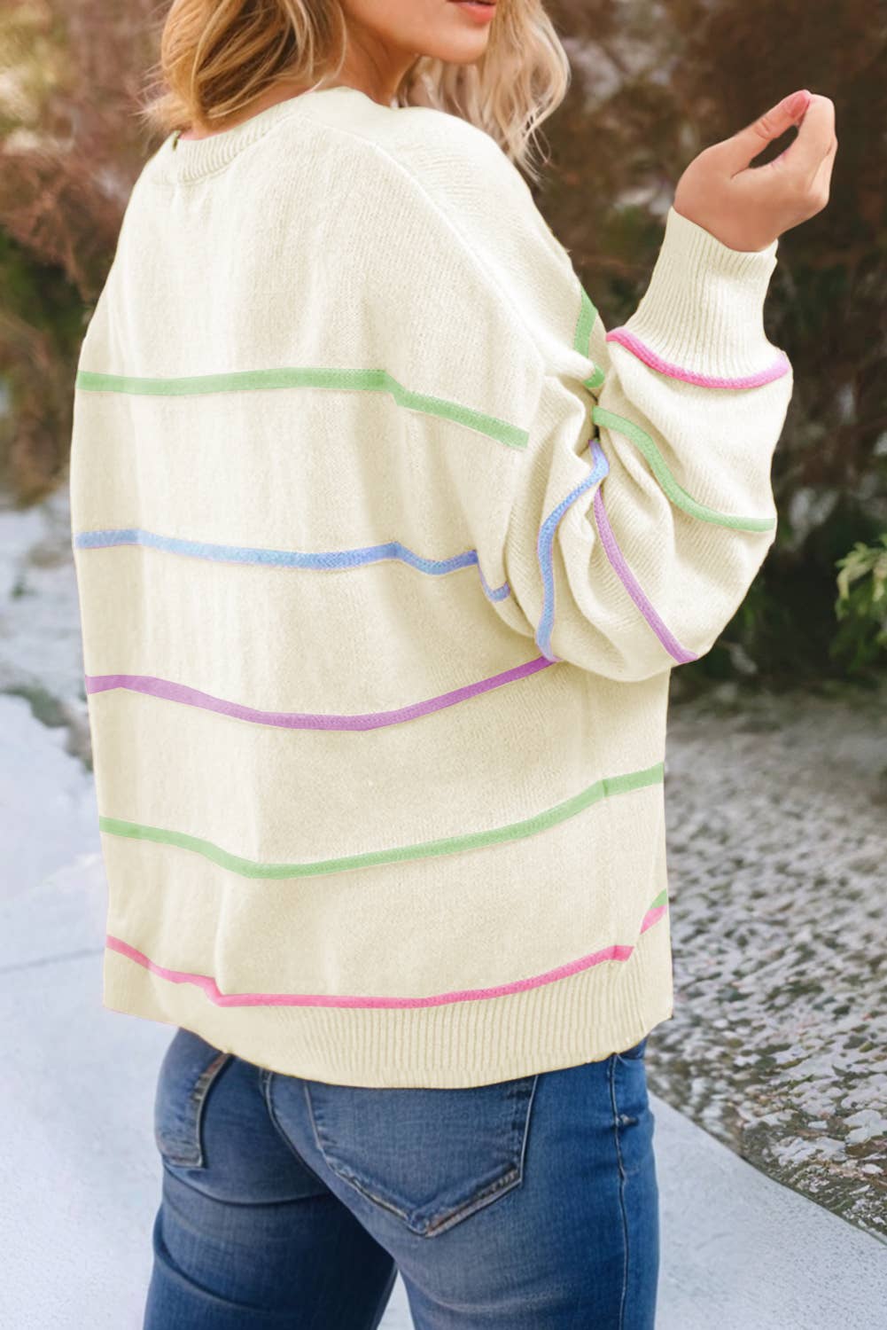 Stripe Color Block Half Buttoned Drop Shoulder Sweater