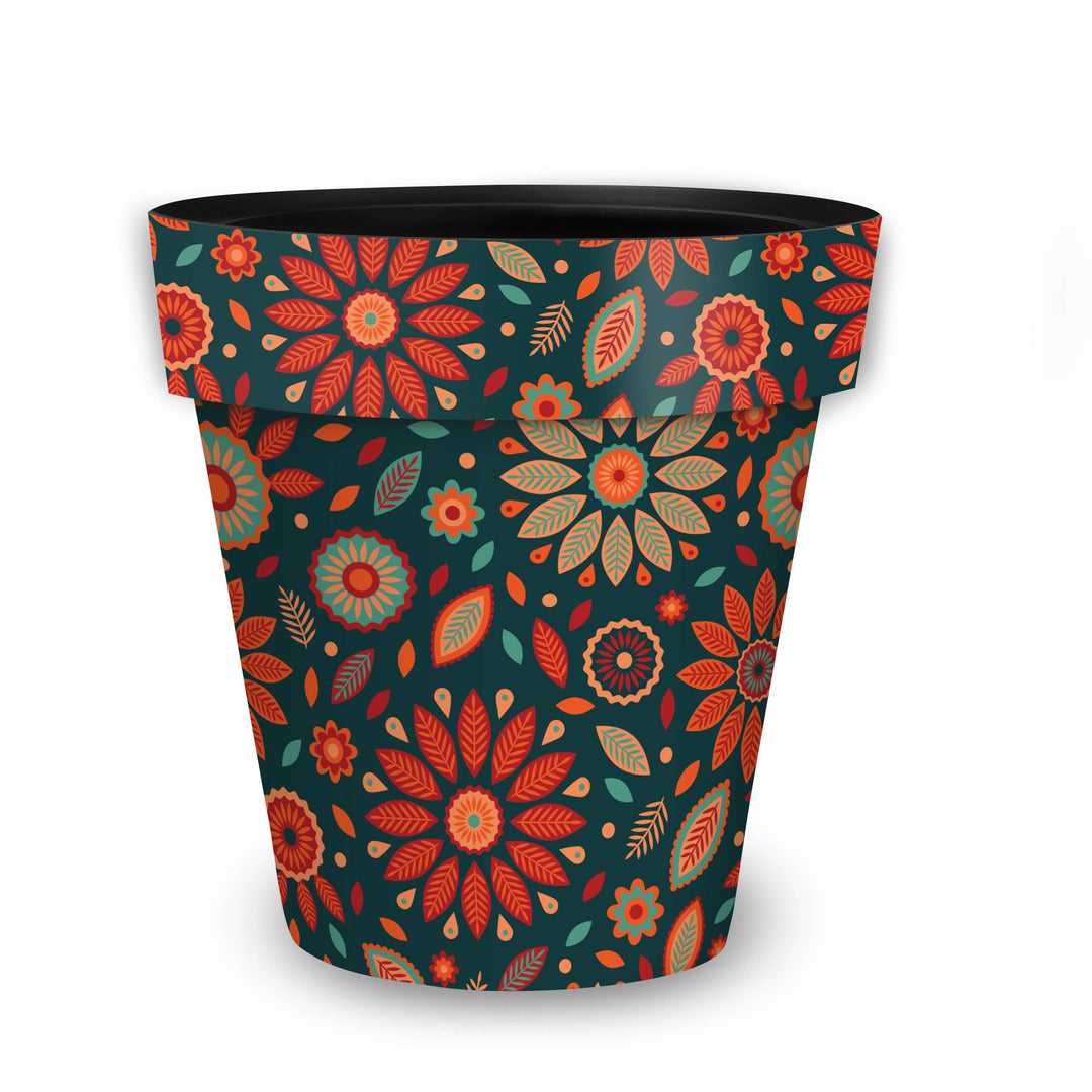 Orange and Teal Medium Floral Planter