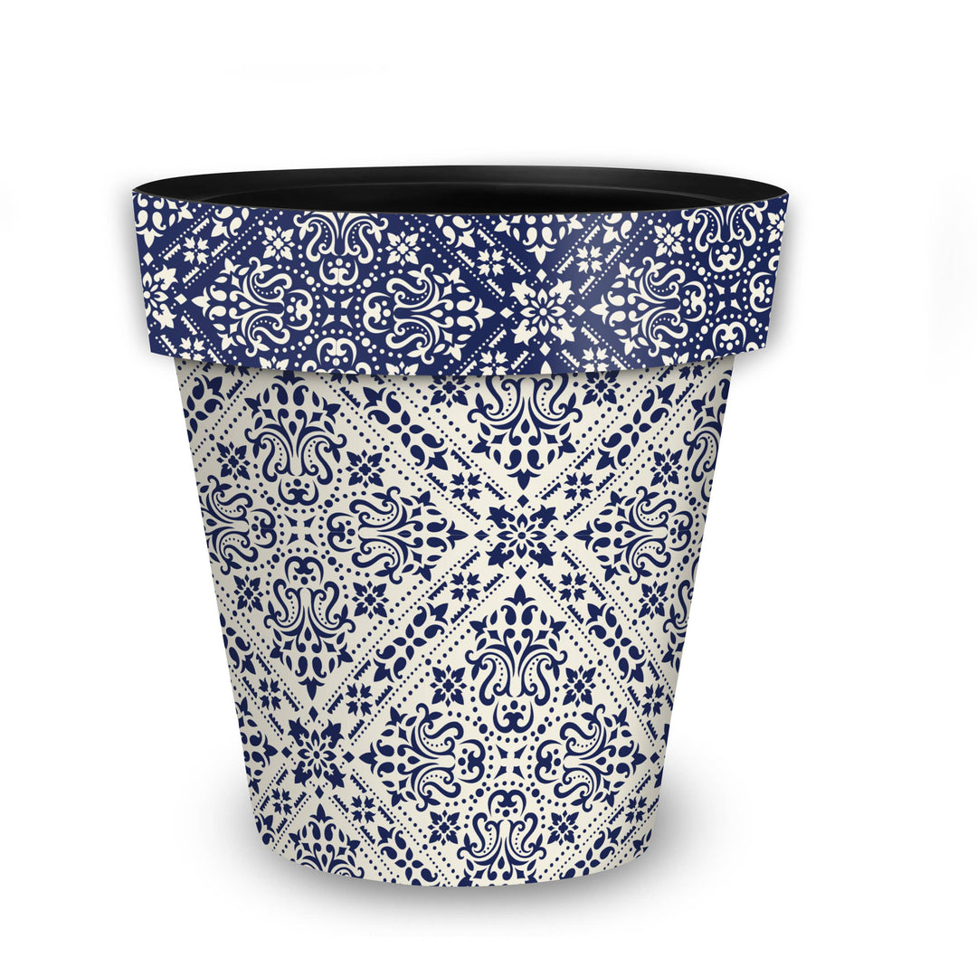 Navy and Tan Damask Medium Planter