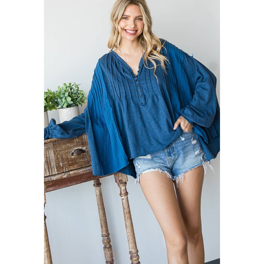 HENLEY V NECK PINTUCKED FRONT LONG SLEEVE BLOUSE