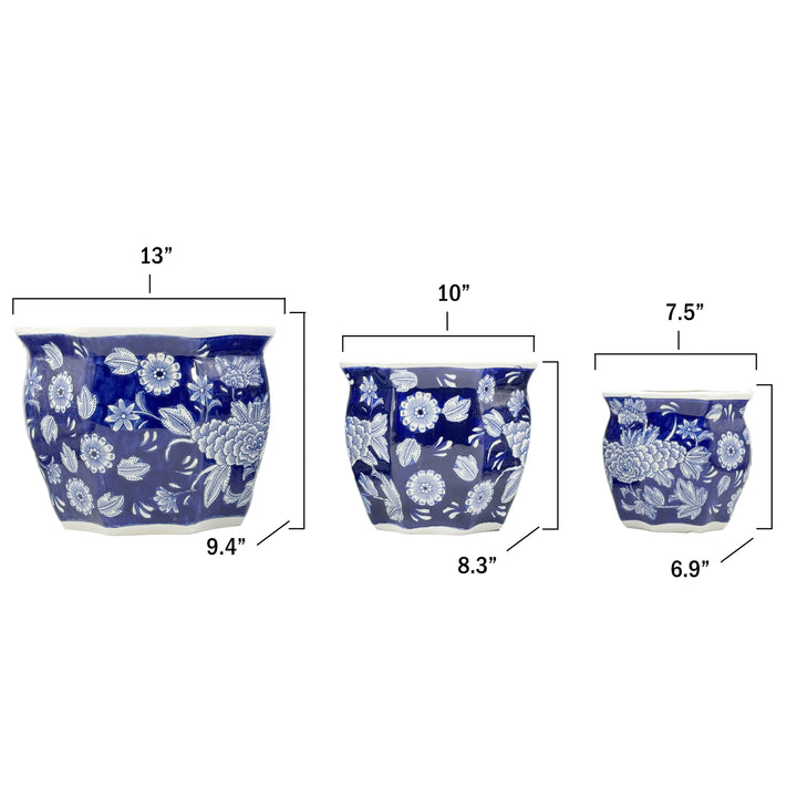 Set of 3 - 7.5"/10"/13" Ceramic Chinoiserie Planter Pot Set