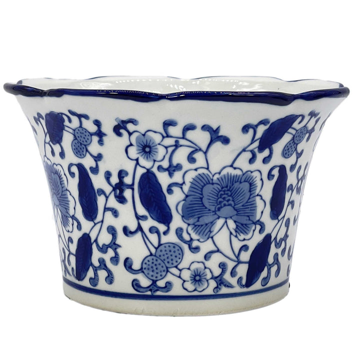 Set of 3 Blue & White Floral Ceramic Pots Ruffled Lip Style2