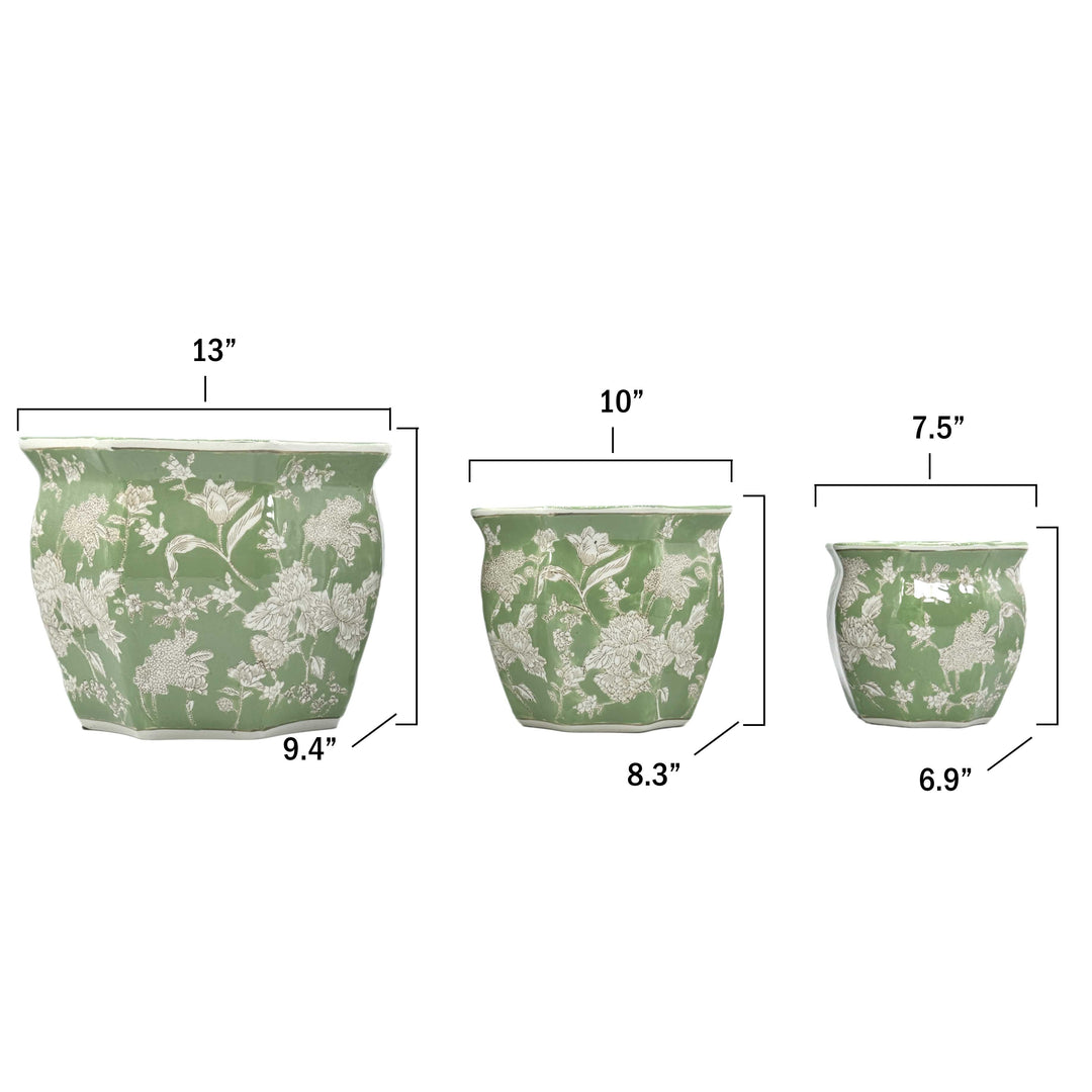 Set of 3 - 7.5"/10"/13" Ceramic Chinoiserie Planter Pot Set