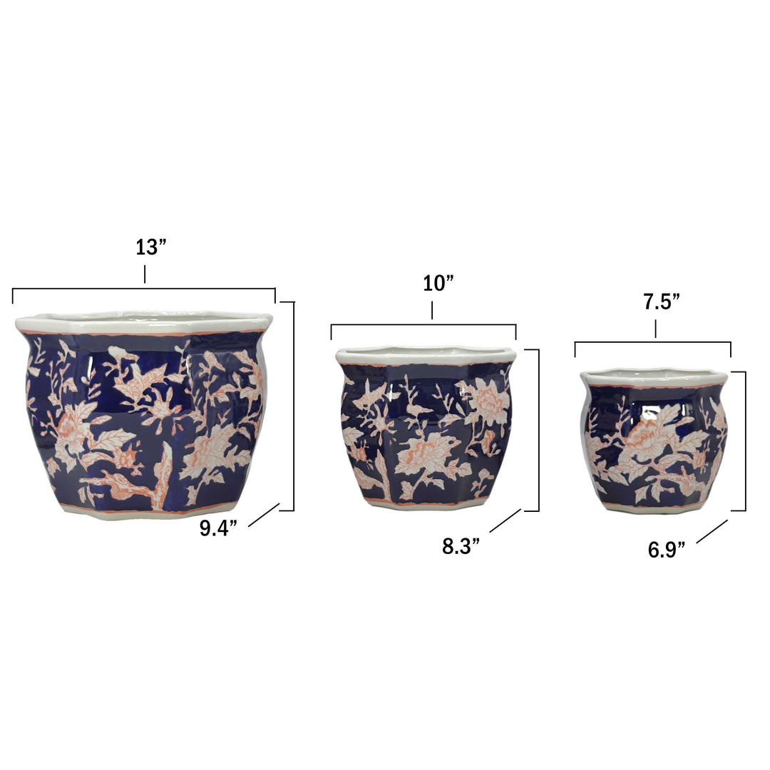 Set of 3 - 7.5"/10"/13" Ceramic Chinoiserie Planter Pot Set