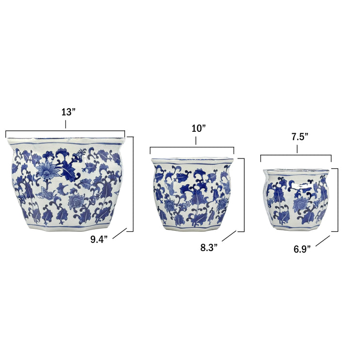 Set of 3 - 7.5"/10"/13" Ceramic Chinoiserie Planter Pot Set