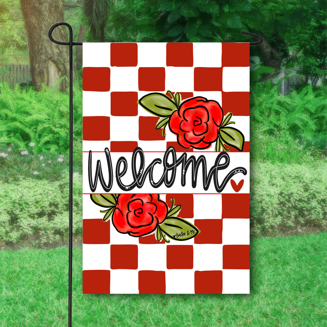 Welcome Rose Red Check Garden Flag
