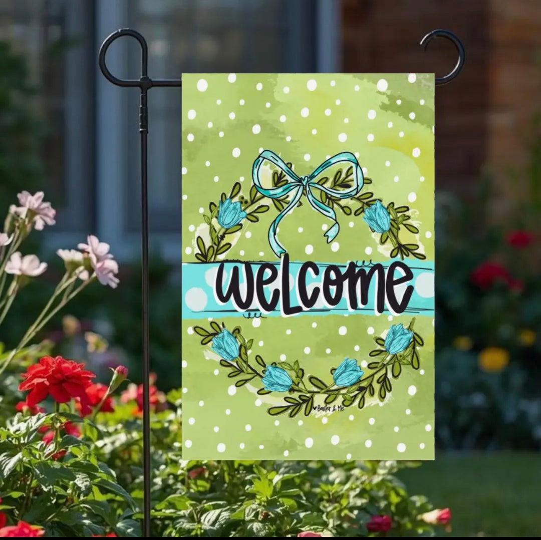 Blue Bow Green Garden Flag