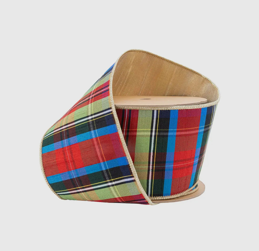 2.5 Wired Plaid Ribbon with Gold Dupioni backing