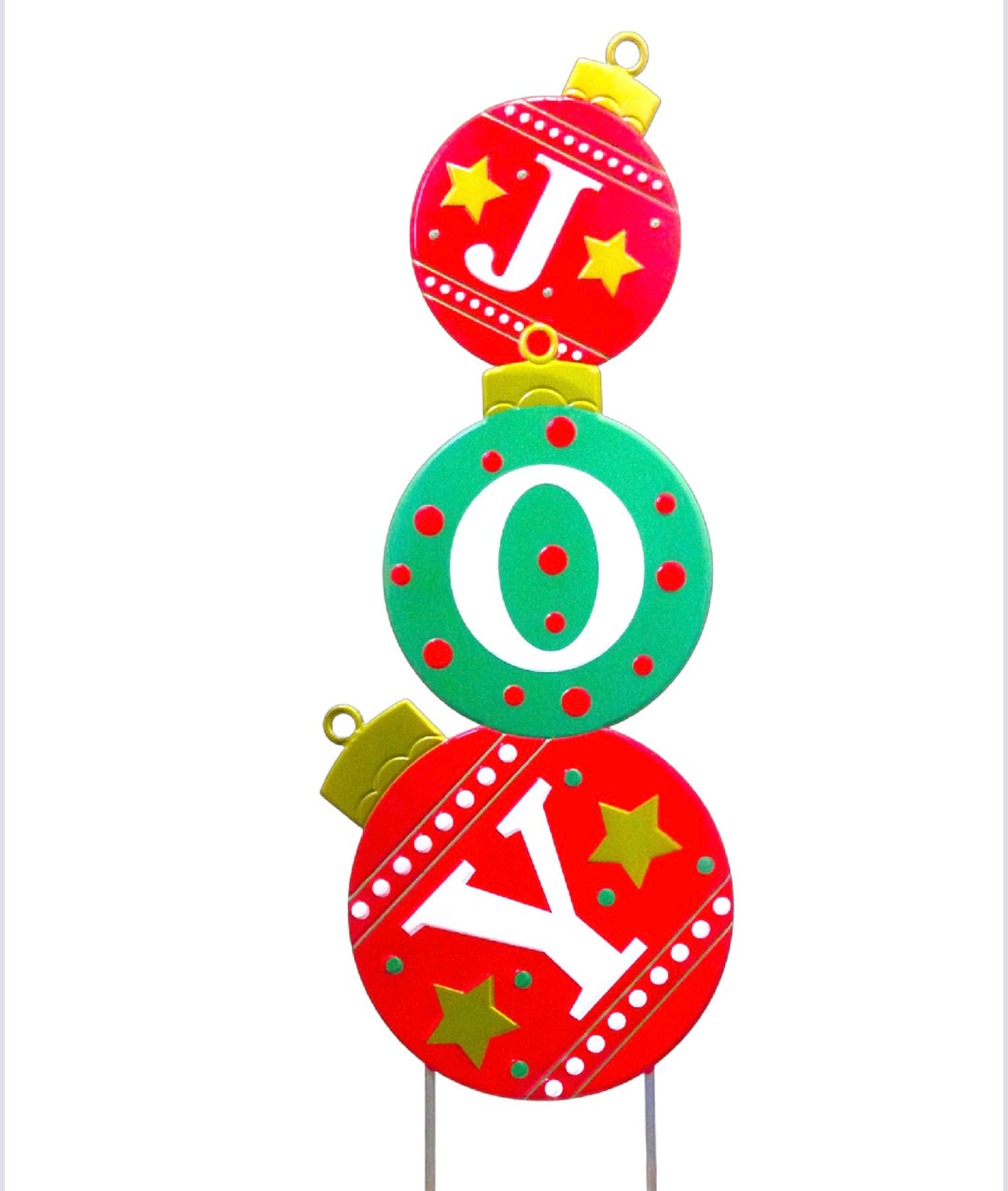 Joy stacked ornaments on Two poles 39”x 12”