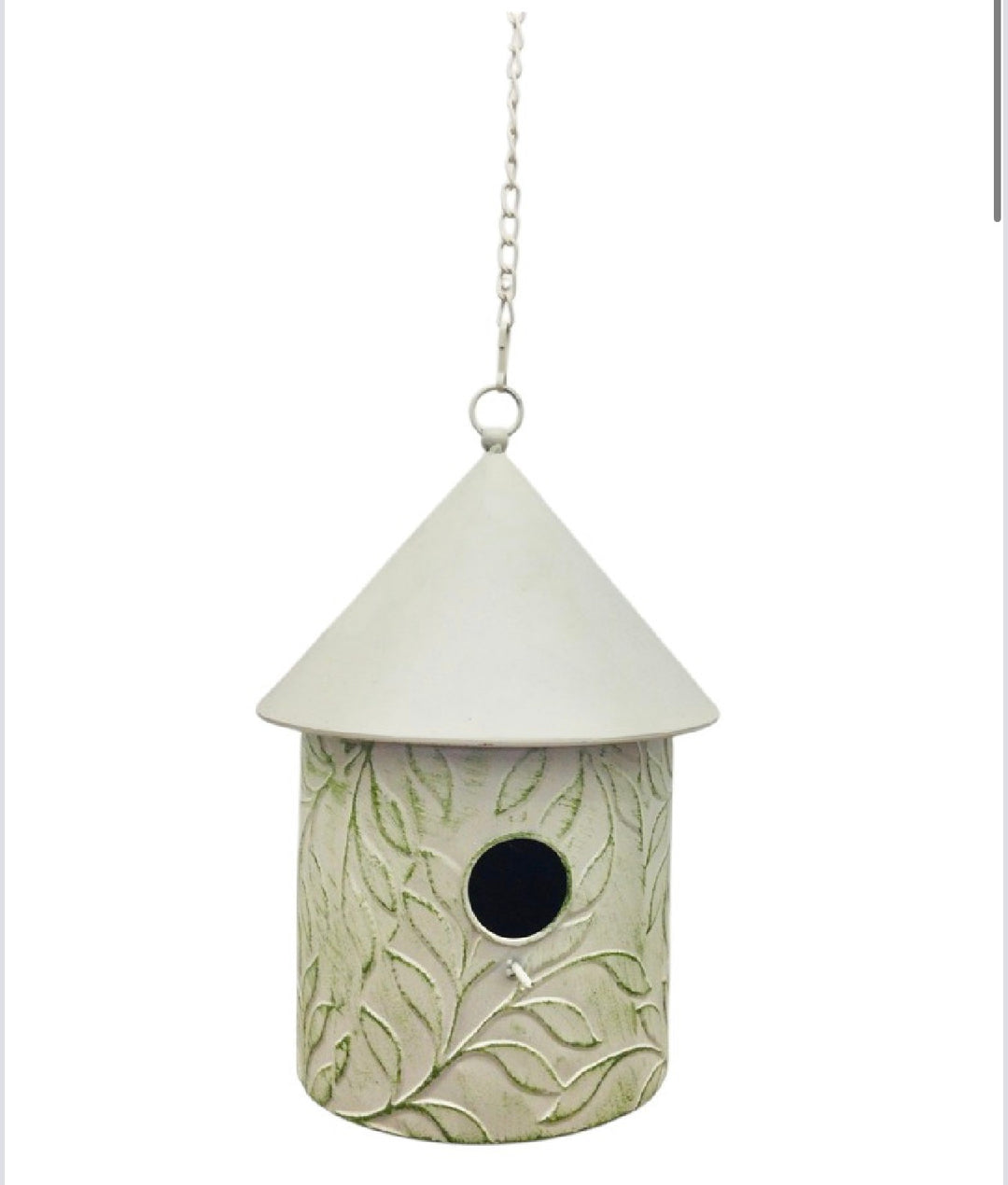Green/cream hanging birdhouse 24”x8”