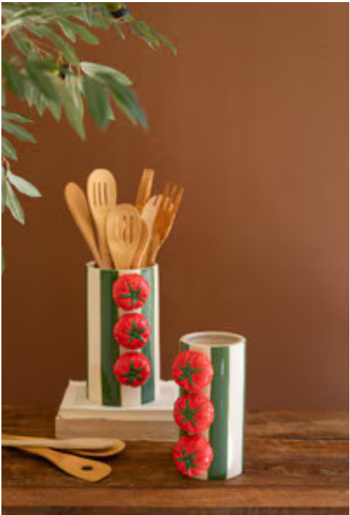Ceramic Green Striped Vases With Tomatoes. Medium