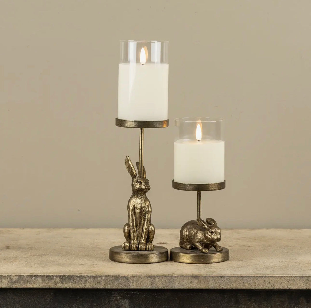 Gold Crouched Bunny Pillar Candle Holder