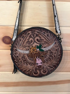 Myra Bloomin' Steer Hand-tooled Round Bag