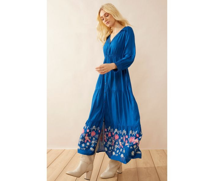 Myra Nova Blue Drop Waist Embroidered Dress