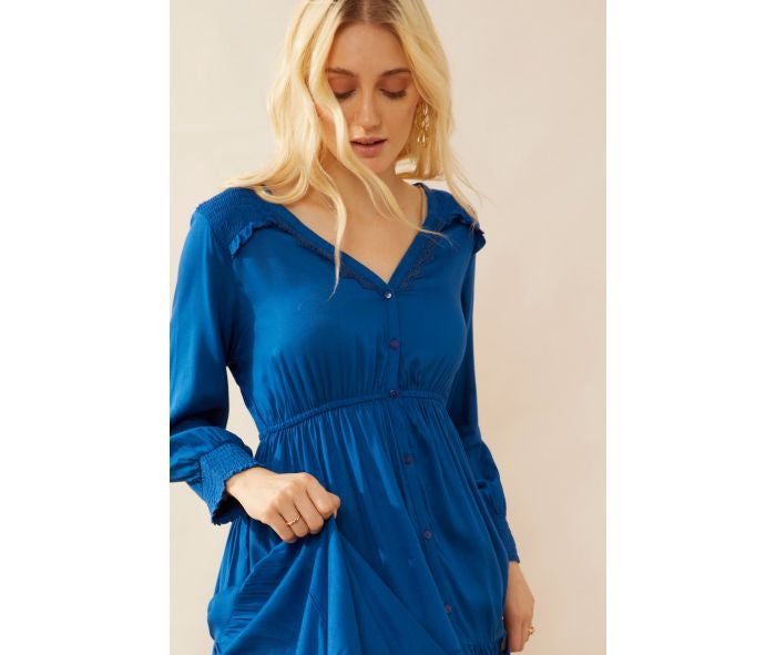 Myra Nova Blue Drop Waist Embroidered Dress