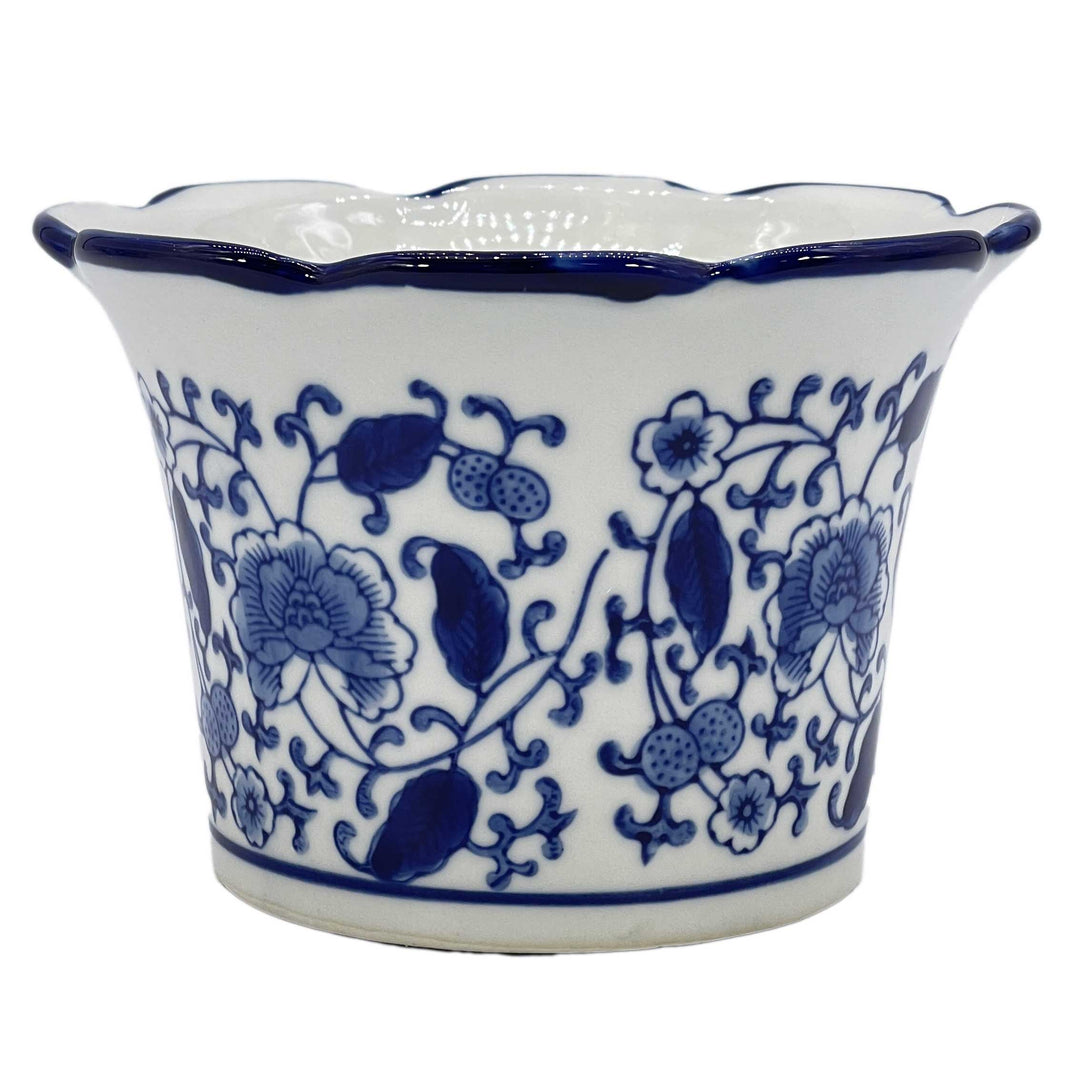 Set of 3 Blue & White Floral Ceramic Pots Ruffled Lip Style2