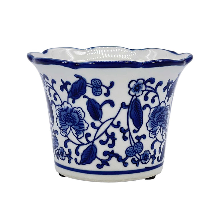 Set of 3 Blue & White Floral Ceramic Pots Ruffled Lip Style2