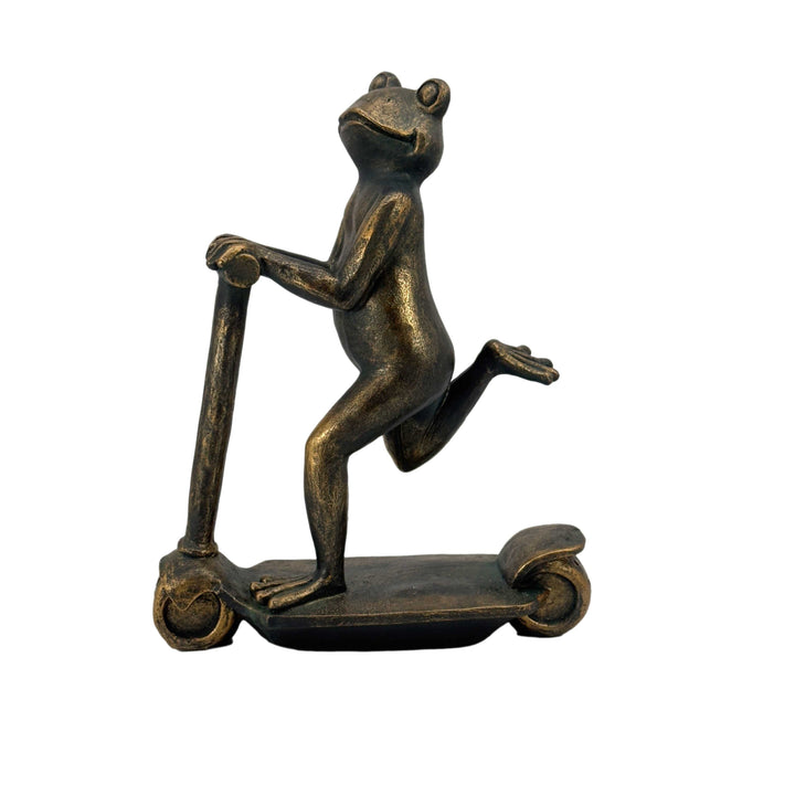 16" Scooter Frog Copper-Look Resin Garden Statue