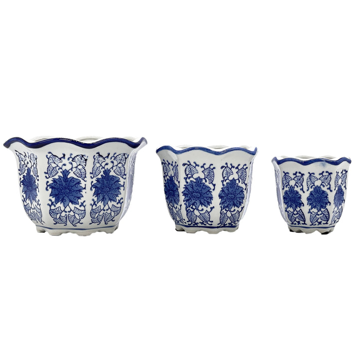 Set of 3 Blue & White Floral Ceramic Pots Ruffled Lip Style3