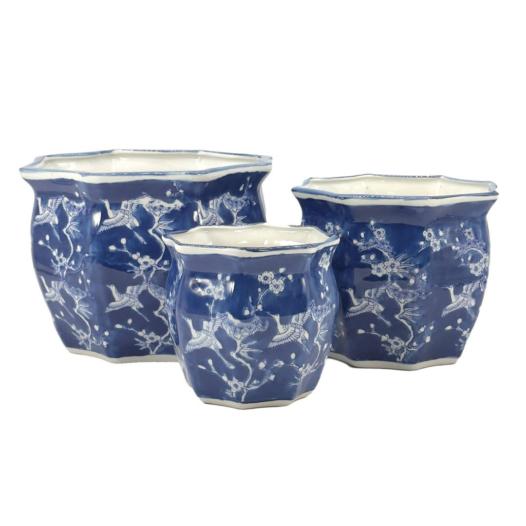 Set of 3 - 7.5"/10"/13" Ceramic Chinoiserie Planter Pot Set